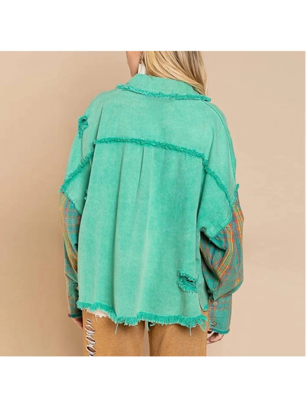 POL Boho Patchwork Jacket m Raw Hem Plaid Sleeve Oversized Cotton 2XL - Picture 2 of 7